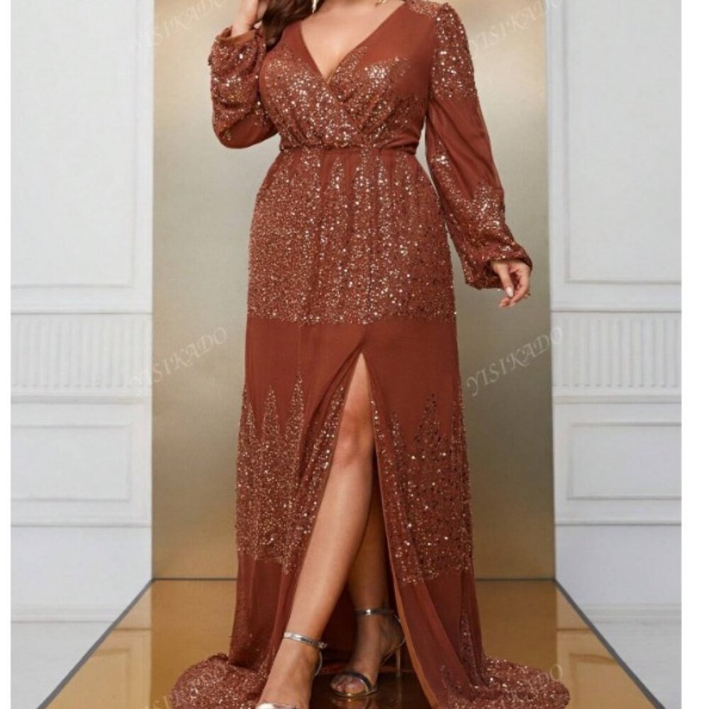 3XL (18) (Plus Plunging Neck Split Thigh Sequin Formal Dress